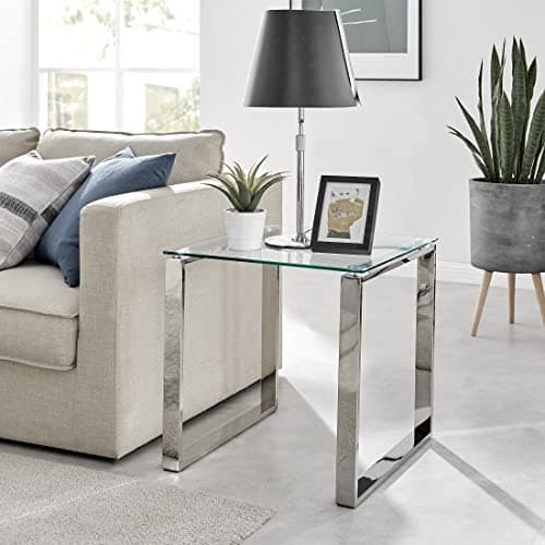 Image of Furniturebox UK Miami Square Modern Clear Glass and Stylish Chrome Silver Metal Side Table, End Table, Bedside Table - Luxury Minimalist Contemporary Living Room Furniture