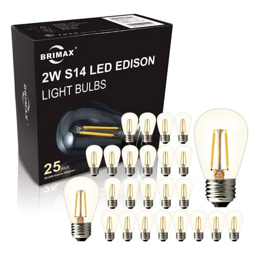 Image of BRIMAX 25PACK 2W S14 LED Outdoor Edison Light Bulbs for String Light Replacement, Shatterproof, E27 Base, Warm White 2700K, Non-Dimmable, 2Watt to Replace 11w/20w/25w Incandescent Bulb