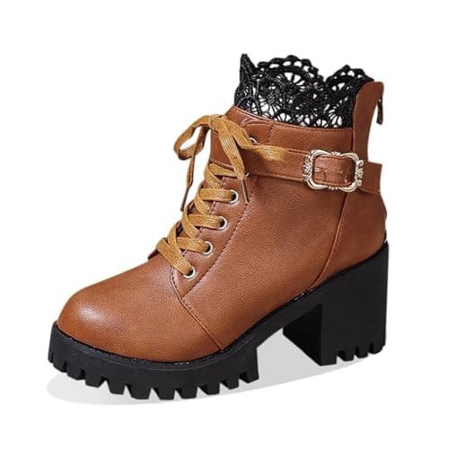 Image of Generisch Women's Winter Fashion Leather Ankle Boots with Lacing Back and Zip Platform Lace-Up Boots with High Heel, brown, 6 UK