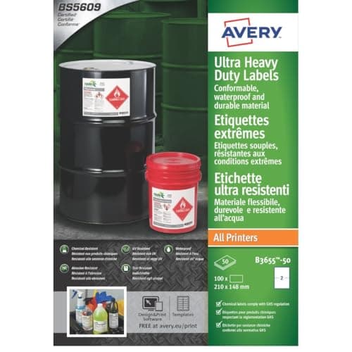 Image of Avery B3655-50 (210 x 148.5mm) Extra Strong Adhesive, Ultra Heavy Duty Industrial Waterproof GHS Labels, 2 Labels Per A4 Sheet