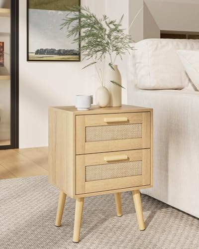 Image of HEYZOEY Bedside Tables,End Table,Rattan Bedside Tables, Side Table with Hand Made Rattan Decorated Drawers,Wood Accent Nightstand with Storage for Bedroom、Living Room (Natural-2Drawers)