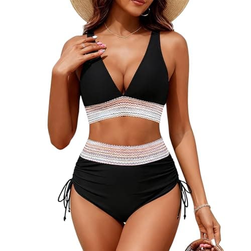 Image of Women's High Waisted Bikini Set with Adjustable Shoulder Straps Top Bottoms 2 Piece Bikini Swimsuit Tummy Control Swimming Costume for Beach Holiday (UK, Numeric, 10, 12, Regular, Regular, Black-A)