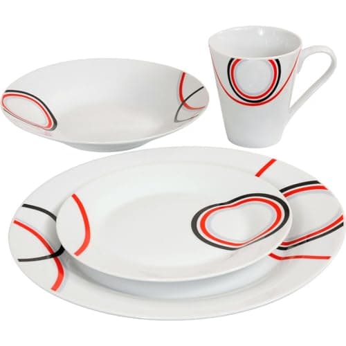 Image of 16 Piece Dinner Set - Red & Black Patterns Dinnerware Set | 4 Bowls, 4 Side Plates, 4 Mugs, 4 Soup Plates | Kitchen Microwave & Dishwasher Safe - for Cereal, Desserts, Porcelain Cup