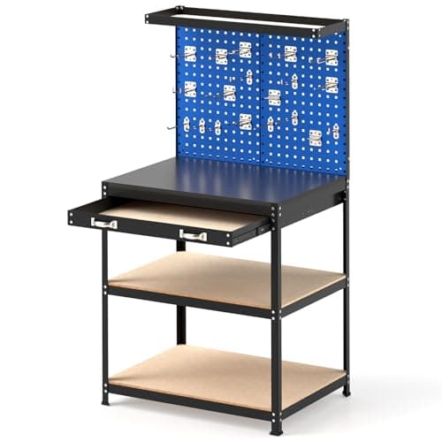 Image of HOMFME Garage Work Bench with Pegboards, Metal Tool Workbench with Shelves, Drawer, 19 Hanging Accessories, Heavy-duty Tool Storage Workstation for Workshop Home, 290kg Capacity (Navy, 81x41x156cm)