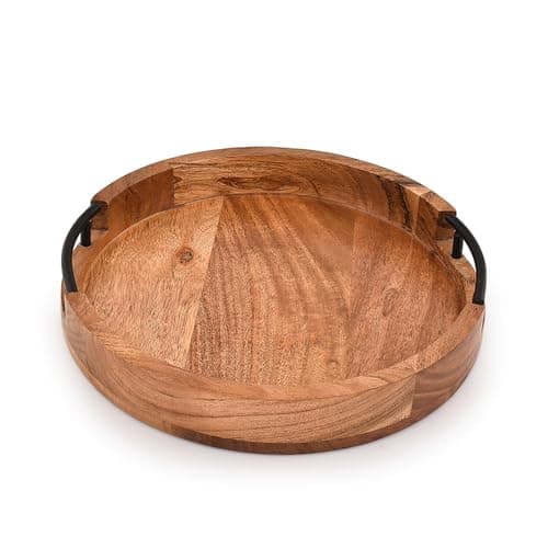 Image of Mahasu Tray Acacia Wood Round Serving Tray with Iron Handles for Coffee Table Decor Centerpiece Kitchen Counter (12" X 12" X 1.6")