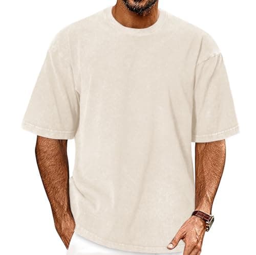 Image of Oversized Mens T Shirt Summer Vintage Washed Tees Short Sleeve Loose Tops（White,3XL