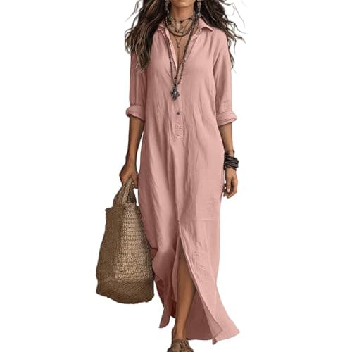 Image of Womens Summer Maxi Dress Casual Shirt Dresses Elegant Styles Basic 3/4 Sleeve Maxi Dresses for Women UK with Split,Pink,L