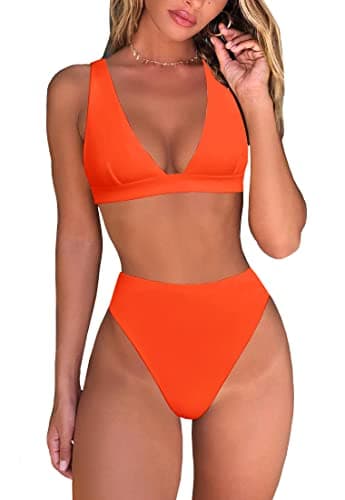 Image of Fatty Tiger Womens High Waisted Thong Bikini Sets Sexy Brazilian Triangle Top Deep V Neck Two Piece Swimsuit Bathing Suits, Orange, Medium