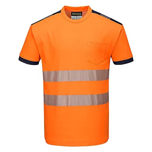 Image of Portwest PW3 T181 Mens Hi-Vis Cotton Comfort T Shirt Short Sleeve Breathable Reflective Tape Safety Workwear Crew Neck Construction Rail Warehouse High Visibility Top, Orange/Navy, XXL