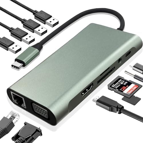 Image of Vrebrey USB C Hub 11-in-1 Docking Station, Type-C Multiport Adapter with 4K HDMI, VGA, 100W PD, USB 3.0, RJ45 Ethernet, SD/TF Card Reader, AUX, Compatible with MacBook Pro/Air, Chromebook, Laptops