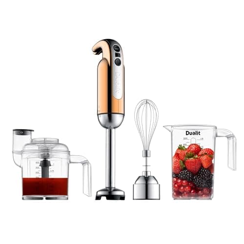 Image of Dualit Copper Hand Blender Set | Handheld Stick Blender With Chopping Bowl, Whisk & 1L Measuring Jug | 700W Polished With Turbo Speed | For Soup, Smoothies, Puree, Dip, Baby Food & Chopped Vegetables