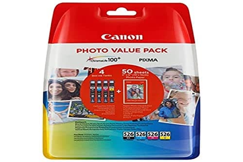 Image of Canon CLI-526 C M Y BK VALUE Pack of 4 cartridges (Black Cyan Magenta Yellow) + 50 sheets of 10x15cm Canon Photo Paper Genuine Canon (Plastic Pack)