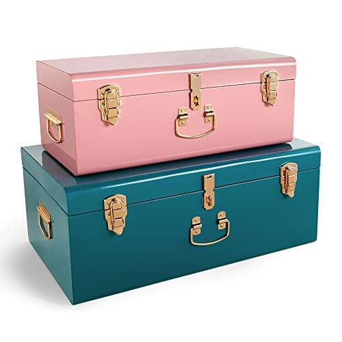 Image of Beautify Storage Trunks, Set of 2 Pink & Teal Stainless Steel Storage Chests w/Gold Detailing, Stackable Bedroom Chest Organiser w/Lockable Lids, Sturdy Multi-Purpose Bedding, Blanket & Toy Box