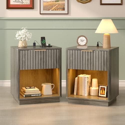 Image of Bonnlo Bedside Table with USB, Smart Nightstand with LED Lights & Charging Station, 48 x 38 x 57 cm, Side Table for Living Room, Bedroom, Office (Grey,2pcs)