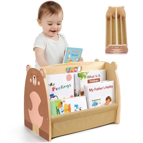 Image of MHJY Kids Bookshelf – Wooden Double-Sided Sling Book Rack with Canvas Storage, Toddler Bookcase for Nursery, Bedroom, Playroom – Montessori Style Children’s Book Organiser