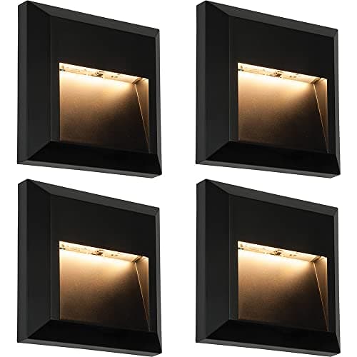 Image of 4 Pack Square Pathway Guide Light - Indirect 1.1W Warm White LED Module - Black ABS Plastic & Clear Polycarbonate - Integrated Control Gear - IP65 Rated - Wall Mounted Guide Downlight