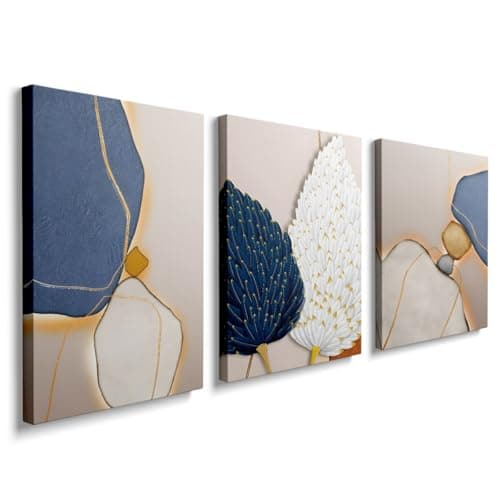 Image of Painting Pictures Canvas Wall Art for Living Room Bedroom Bathroom Blue and White Paintings Modern 3 Piece Framed Canvas Art Prints Ready to Hang Inspirational Home Decorations, YH049