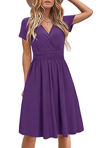 Image of STYLEWORD Women's Summer Dress Short Sleeve V-Neck Sundress Purple Wrap Waist Casual Dress with Pockets(Purple,XX-Large)