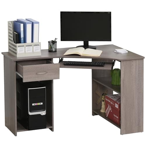 Image of HOMCOM L-Shaped Corner Computer Desk w/ 2 Shelves Wide Worktop Keyboard Tray Drawer & CPU Stand Home Office Study Bedroom Furniture Grey