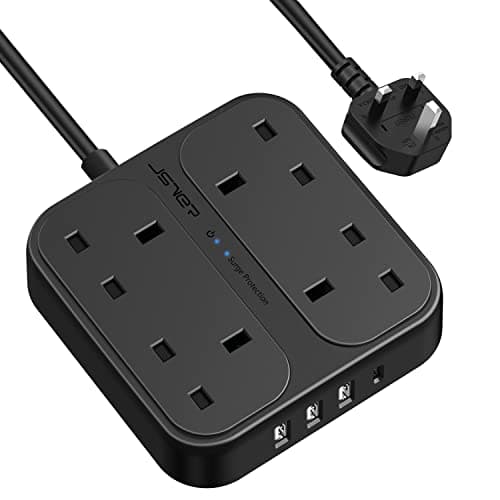 Image of Extension Lead with USB Ports,JSVER 4 Outlets Power Strip with 1 USB-C and 3 USB Slots Surge Protection Extension UK Socket Plug (3250W,13A) 1.8M Extension Cable-Black
