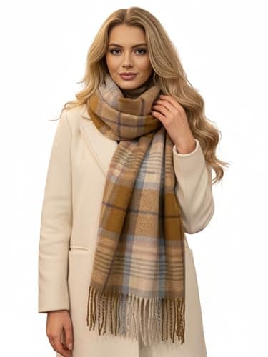 Image of The Accessory Co. Tartan Scarf for Women, Checked Scarf Shawl Wrap, Long & Large Warm Wool Winter Scarves, Plaid Ladies Blanket Scarf - Gift for Women, Womens Gifts (Camel Blush Pink)