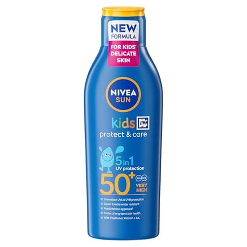 Image of NIVEA SUN Kids Protect & Care SPF 50+ Lotion (200ml), Moisturising Sun Cream Protects Delicate Skin Against Sunburn and Long-Term UV Damage, Fast-Absorbing No White Cast Sun Lotion