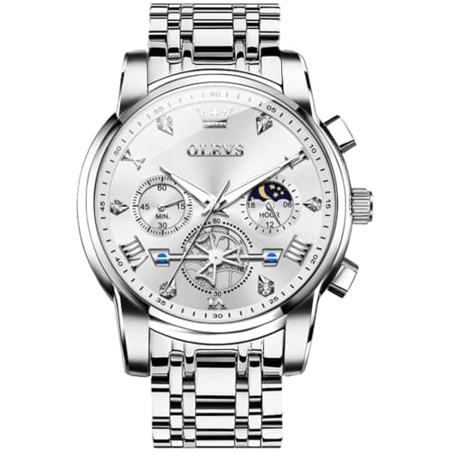 Image of OLEVS Mens Watches Big Face Silver Stainless Steel Analog Quartz Men's Watch Classic Luxury White Tourbillon Dial Chronograph Watches for Men Roman Numerals Diamond Waterproof Luminous Watch Men