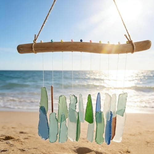 Image of Sea Glass Wind Chimes for Outside,Blue Handworks SeaGlass and Driftwood Chime,Coastal Decor WindChimes with Wooden Hanger,Hanging Sea Glass Wind Chimes for Home Wall Outdoor Garden Beach Patio Decor
