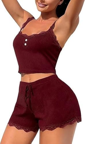 Image of RSLOVE Women Pyjamas Lace PJ Set for Women Top and Shorts Sexy Sleepwear Wine Red Small