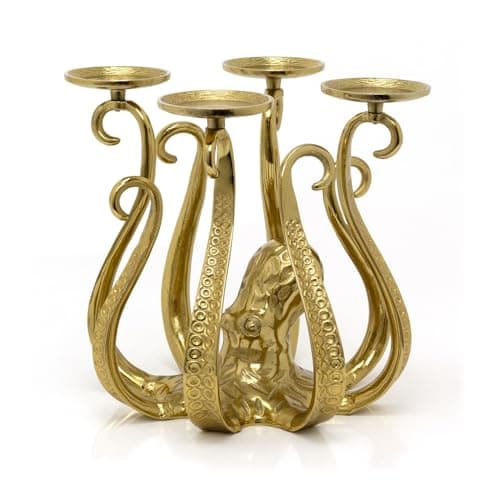 Image of Carousel Home Antique Style Gold Metal Octopus Candle Holder | Extra Large Aluminium Octopus Candelabra | Octopus Candlestick 4 Pillar Candle Holder - 32cm