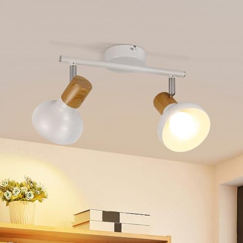 Image of Deboola Vintage White 2-Point Ceiling Light - Industrial Metal Spotlight E14, 350° Swivel, Indoor for Bedroom, Living Room (No Bulb)