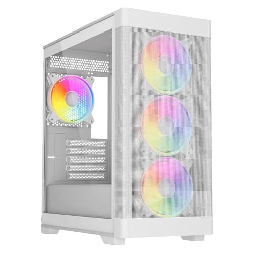 Image of Combrite Zephyr mATX PC Gaming Case, Meshed Front Panel, Micro ATX Tower Case With 4 x 120mm ARGB Fans, Tempered Glass Side Panel (White)