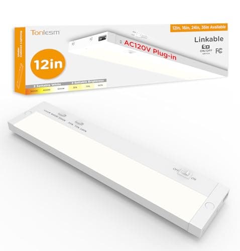 Image of Tonlesm 12 Inch Under Cabinet Lighting Plug in, 7W 120V 3 Color 3000K/4000K/5000K, 3 Brightness, Super Bright, Ultra Thin Under Counter Lights for Kitchen, Linkable LED Cabinet Light,White