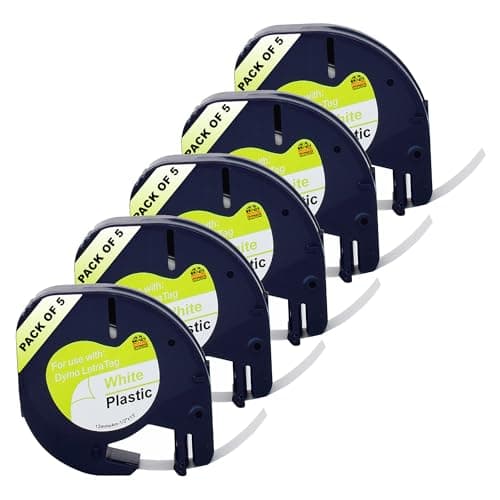 Image of Double Dragon Compatible Label Tape for Dymo Letratag 91201 S0721610 | 12mm x 4m Plastic White, Black on White | for LT-100H 100T 110T XR XM QX50 200B 2000 Plus (5-Pack)