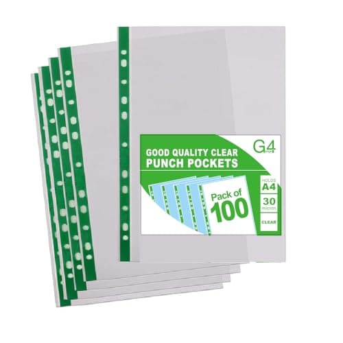 Image of 100 A4 Plastic Value Punched Punch Pockets 10-15 Sheets 30 Micron for Folders Filing Wallets Sleeves