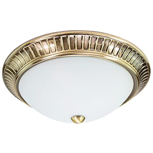 Image of Happy Homewares Traditional Antique Brass Plated Flush Circular Ceiling Light Fitting with Opal Glass Diffuser | 2 x 40w E14 | 32cm Diameter