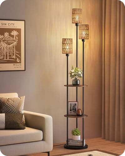 Image of GOEBLESON Floor Lamp with Shelves, Boho Floor Lamp with 3 Linen Shades and Foot Switch, 3-Light Standing Lamp, for Living Room, Bedroom, Study, Rustic Brown and Yellow ZYF53LDK05