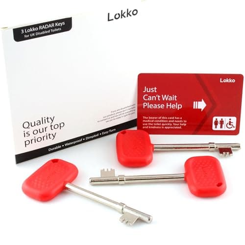 Image of Lokko Radar Key for Disabled Toilets UK (3 Pack) - Boxed with Bonus Toilet Use Card - Red - Dimpled Grip, Durable, Waterproof, Easy to Use