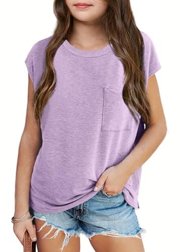 Image of Haloumoning Girls' T-Shirts Round Neck Short Sleeve Cap Sleeve Top Lightweight Plain Tee with Chest Pocket Summer Top 7-14 Years, purple, 13-14 Years