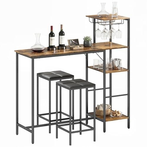 Image of HOMCOM 3 Piece Breakfast Bar Table and Stools Set, Dining Table with 4-tier shelving and Glasses Holders, 2 PU Leather Bar Stools with Footrest for Kitchen, Dining Room, Pub, Rustic Brown