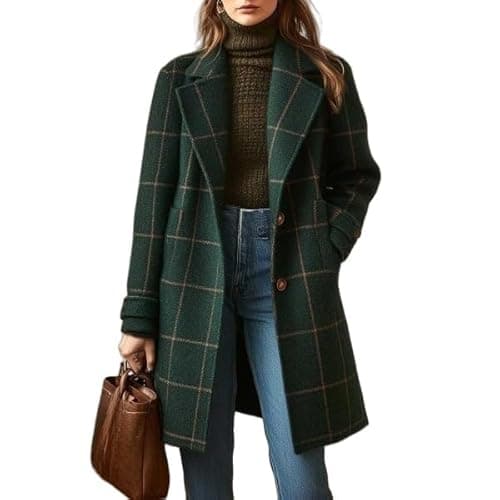 Image of KUUFUUT Women's Winter Casual Notch Lapel Wool Blend Coat Single Breasted Retro Plaid Overcoat Mid Long Pea Coat Jacket Elegant Work Office Longline Jackets with Pockets Dark Green Xl
