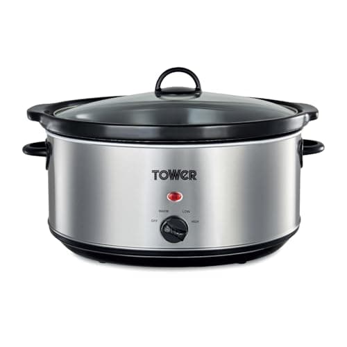 Image of Tower Slow Cooker with 3 Heat Settings and Removable Dishwasher Safe Pot, Up to 8 Portions, 6.5 Litre, Stainless Steel, Silver, T16040Y