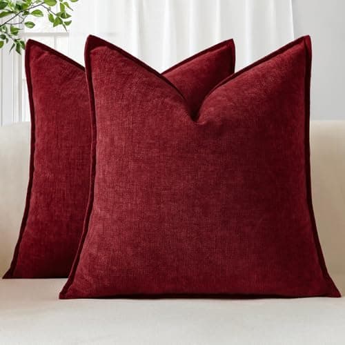 Image of Sungeek Set of 2 Soft Chenille Cushion Covers 40x40cm Square Decorative Throw Pillow Covers with Stitched Edge Solid Dyed Pillow Cases Covers for Home Decor Couch Sofa Bed Living Room, Dark Red