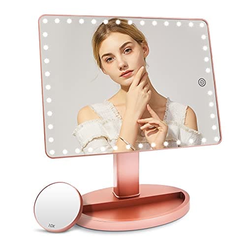 Image of Large Lighted Makeup Vanity Mirror with 45 LED Lights, Rechargeable Lithium Battery Light Up Mirror, 10X Magnification Touch Screen, 360° Rotation Portable Tabletop Cosmetic illuminated Mirror