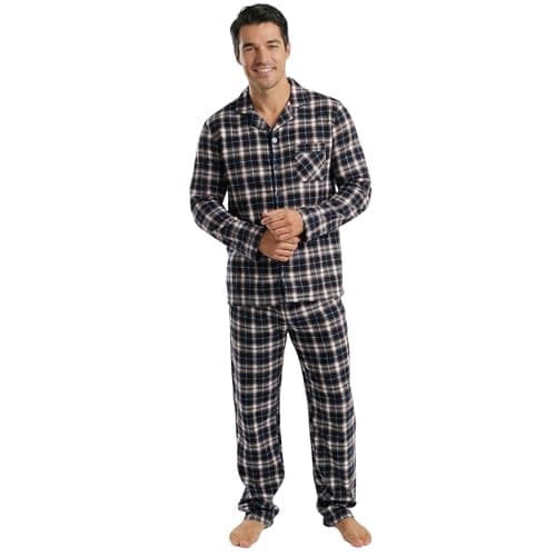Image of INSIGNIA Men’s Flannel Pyjama Set, 100% Cotton Traditional Button-Front Nightwear with Elasticated Waist Trousers (UK, Alpha, L, Regular, Regular, Blue & Beige Check)