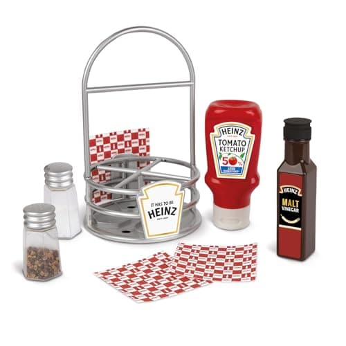 Image of Casdon Heinz Sauce Caddy | 9-Piece Play Kitchen Set For Children Aged 3+ | Includes Pretend Tomato Ketchup, Vinegar, Salt And Pepper Shakers, Napkins, And Caddy.