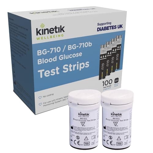 Image of Kinetik Wellbeing Blood Glucose Test Strips, Pack of 100 - Compatible with Kinetik Monitor BG-710 - Home Diabetic Glucose Strips Used by the NHS - For Blood Sugar Level Monitors & Diabetes Management