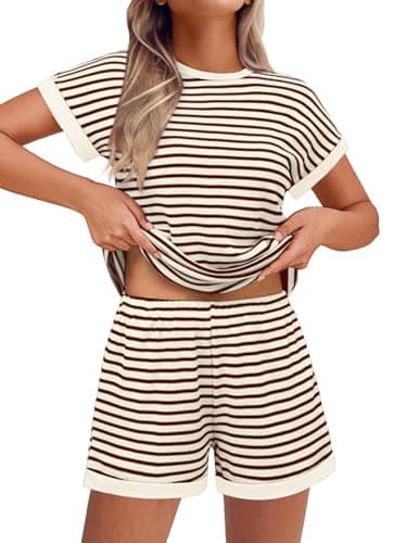 Image of Ekouaer Women Striped Pyjama Sets Knit Short Sleeve Pj Tops and Shorts Textured lounge wear sets ladies nightwear with Pockets Beige&Brown M