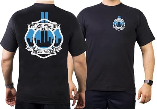Image of T-Shirt with Text "We Will Never Forget - 343 - New York" Blue / Silver Black black Size:Large