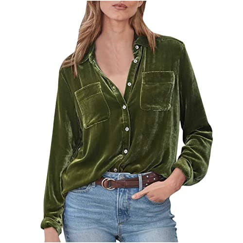 Image of Women's Velvet Shirts UK Sale Retro Long Sleeve Blouses Solid Color Tops Office Work Business Formal Shirts Regular Fit Button Down Blouses with Pockets